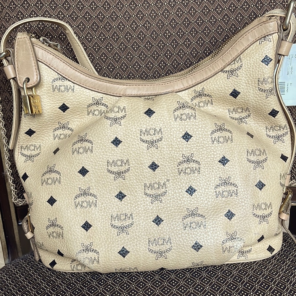 MCM BEIGE VISETOS COATED LOGO CANVAS & LEATHER HOBO SHOULDER OR CROSSBODY BAG - Picture 4 of 17